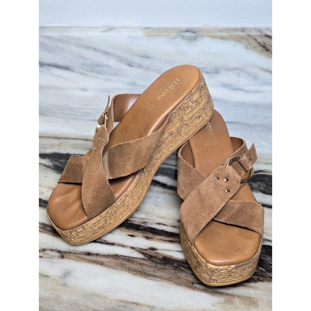 Lottini Italy Brown Suede Leather‎ Platform Wedge Sandal Buckle Slide EU 39  8.5